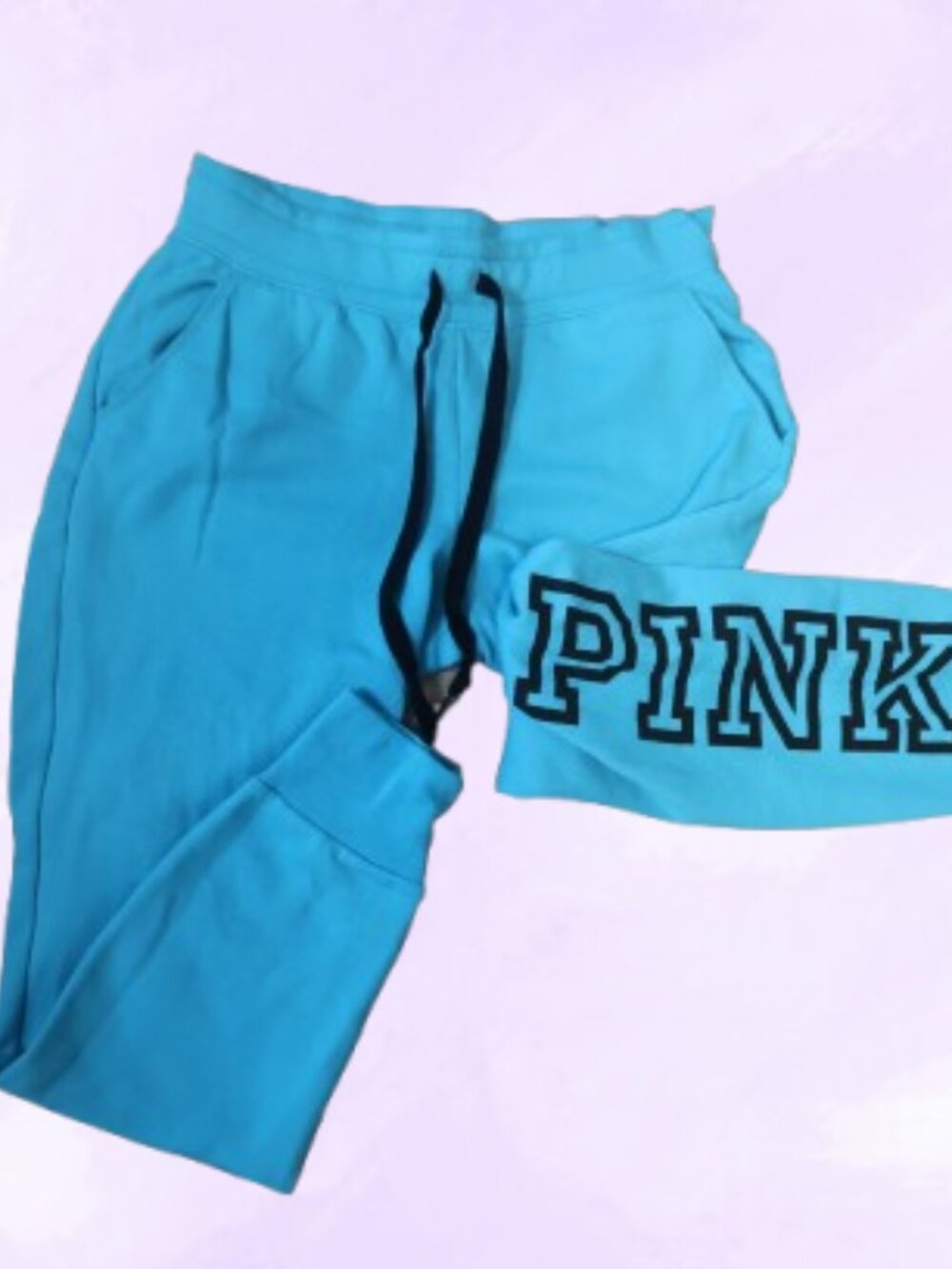 PINK Victoria's Secret sweatpants joggers outline pink on left leg bright blue